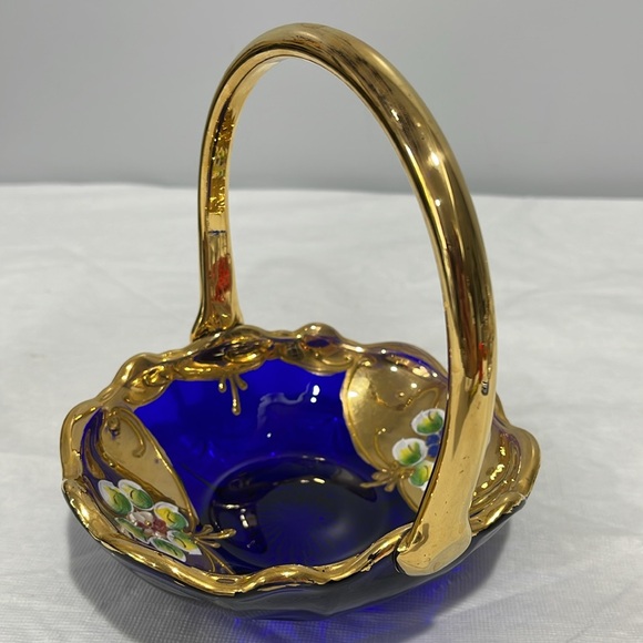 BOHEMIAN CRYSTAL BASKET 24K gold Moser Vintage Czech Cobalt Blue Enamel Painted - Picture 6 of 16